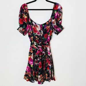 Alice + Olivia Mina Puff Sleeve Belted Mini Dress Size 6 Black Floral